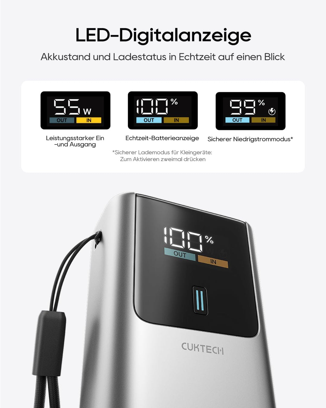 CUKTECH 10 Mini 55W Powerbank Schnellladung, 10000mAh(2S1P) tragbarer Ladegerät USB-C EIN- und Ausga