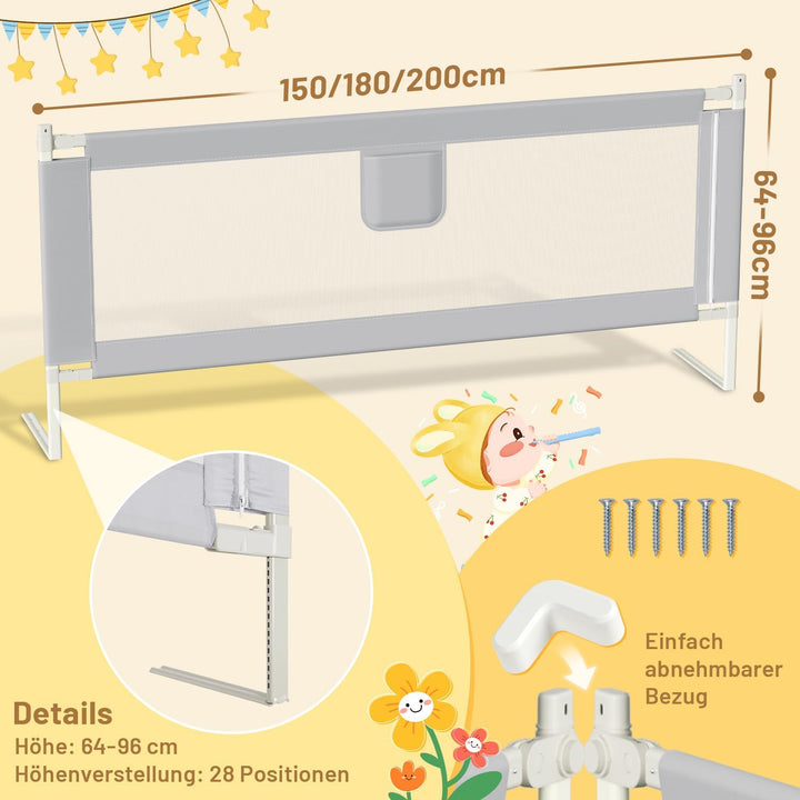 3er Bettgitter 2X200+1X180cm Bettschutzgitter Kinderbettgitter für Kinder,Rausfallschutz Boxspringbe
