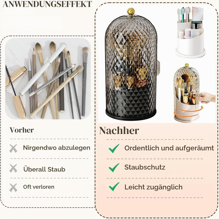360° Drehbarer Make-up-Brushhalter mit Deckel – 3-Fach Unterteilt, Staubgeschützt | Schminkpinsel Or