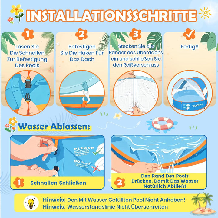 4-in-1 Pop Up Baby Planschbecken, Strandmuschel Baby mit UV Schutz SPF 50+, Strandzelt Baby mit Mosk