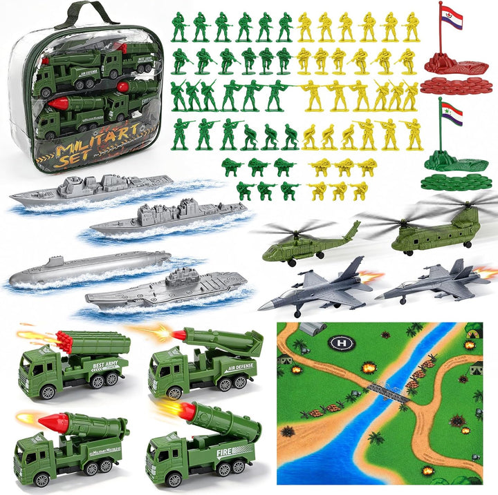 deAO Militär-Spielzeugset 78-teilig, Soldat Flugzeuge Schiffe Raketenwagen | 30 grüne + 30 gelbe Sol