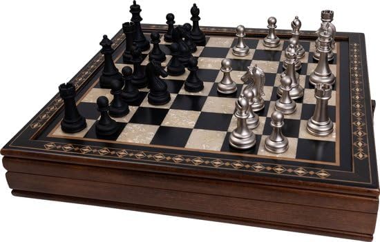 Handgefertigtes Holz Schachbrett mit Aufbewahrungssystem, Schachfiguren aus Metall, Deluxe Edition,
