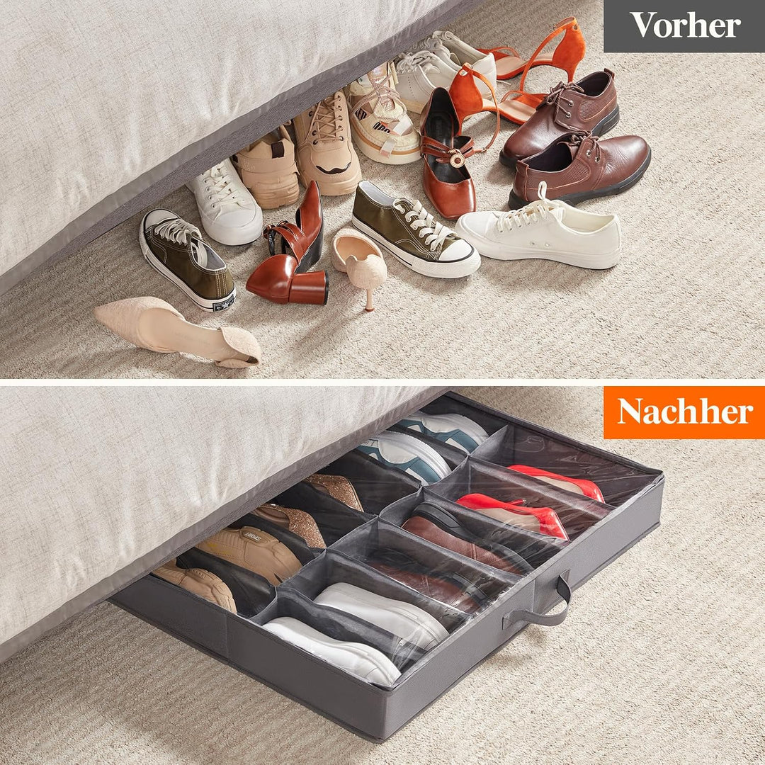 Lifewit Unter-dem-Bett-Schuhbox, 2er-Pack (12+4 Paar), 11 cm hohe Stoffbox faltbar mit transparentem