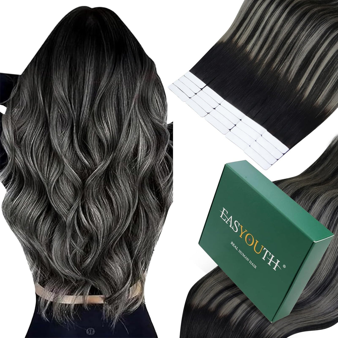 Easyouth Natürlicher Tapes Extensions Echthaar Schwarz Ombre 1b/S/1b 50cm | Extension Tape Remy Mens