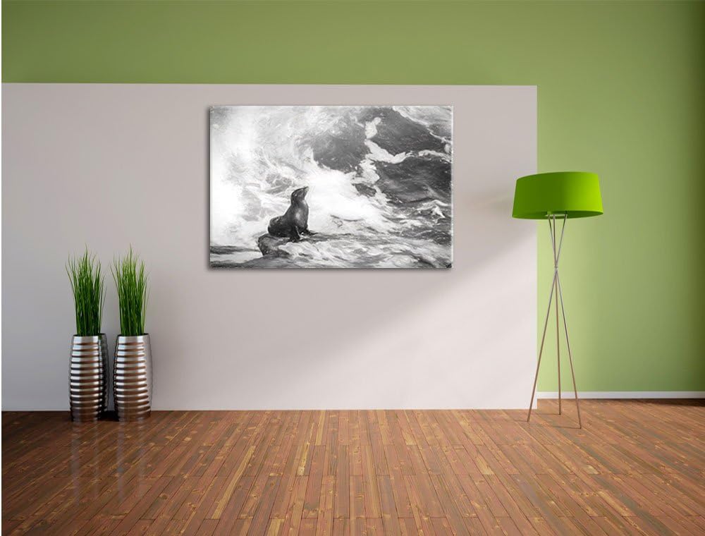 Pixxprint süsse Robbe sonnt Sich Kunst Kohle Effekt, Format: 100x70 auf Leinwand, riesige Bilder fer