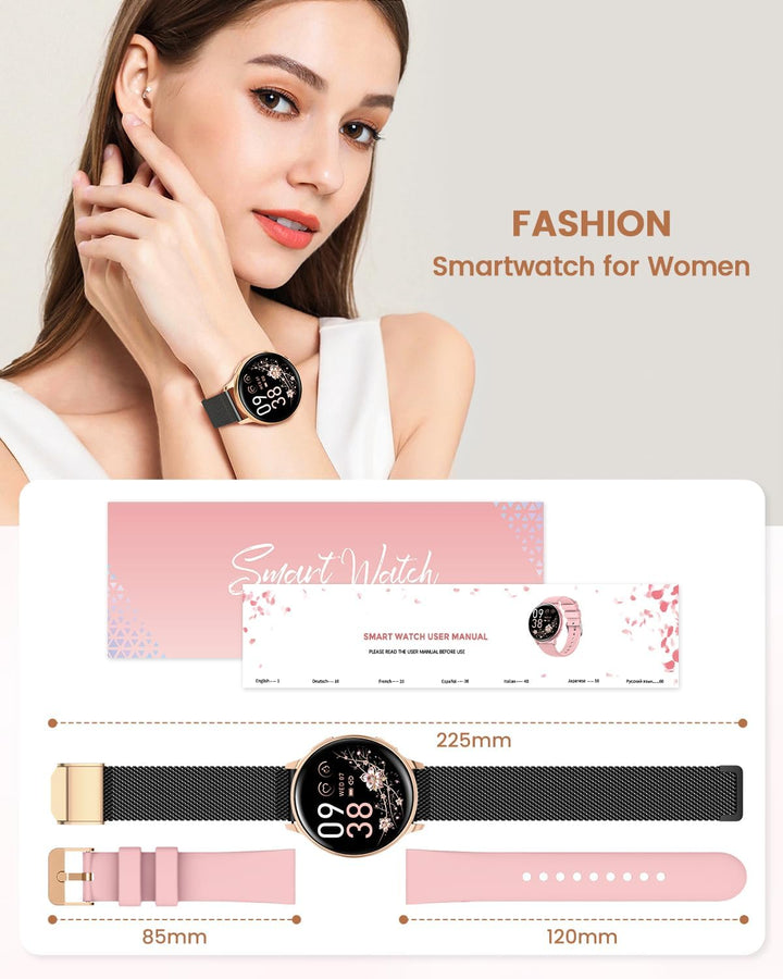 RUXINGX Smartwatch Damen, 1.27" Smart Watch Rund mit Telefonfunktion, 24H SpO2 Pulsuhr, Fitnessuhr m