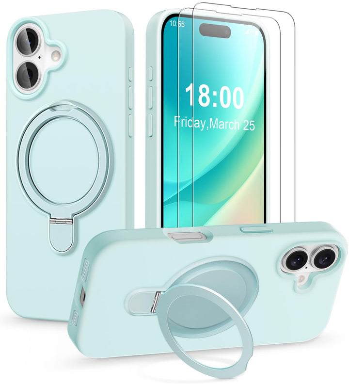 Handyhülle für iPhone 16 Hülle mit 2 Stück Schutzfolie, Silikon Case mit Magnetisch Ring Ständer Und