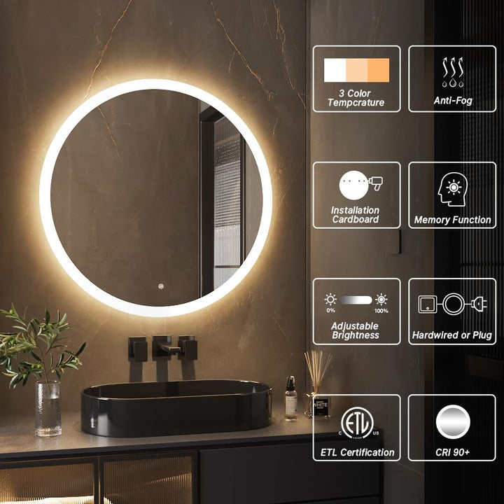 70cm Round led Bathroom Mirror with Lights 3D Backlit Mirror 3 Color Temperatures Anti-Fog Adjustabl