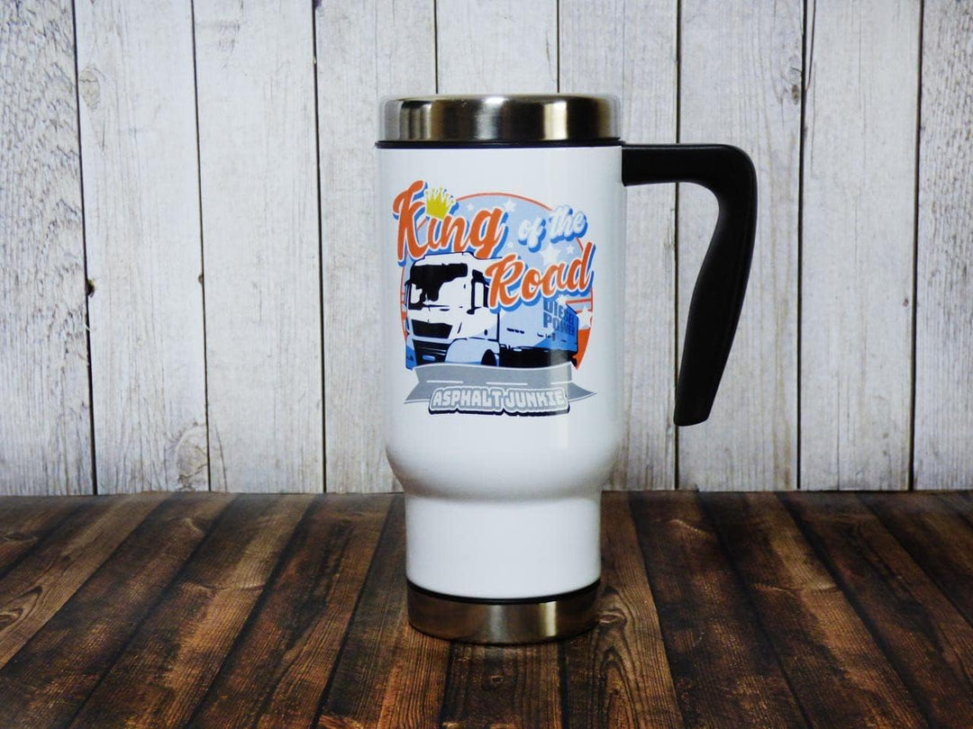 Trucker 'King of the Road' Thermobecher – Isolierter Edelstahl Reisebecher 470ml, Spülmaschinenfest,