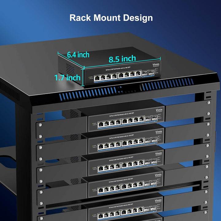 10-Port 2,5G PoE Switch Unmanaged, VIMIN 8X 2,5G Base-T PoE @130W+2X 10Gbps SFP, 8 Port PoE Switch m