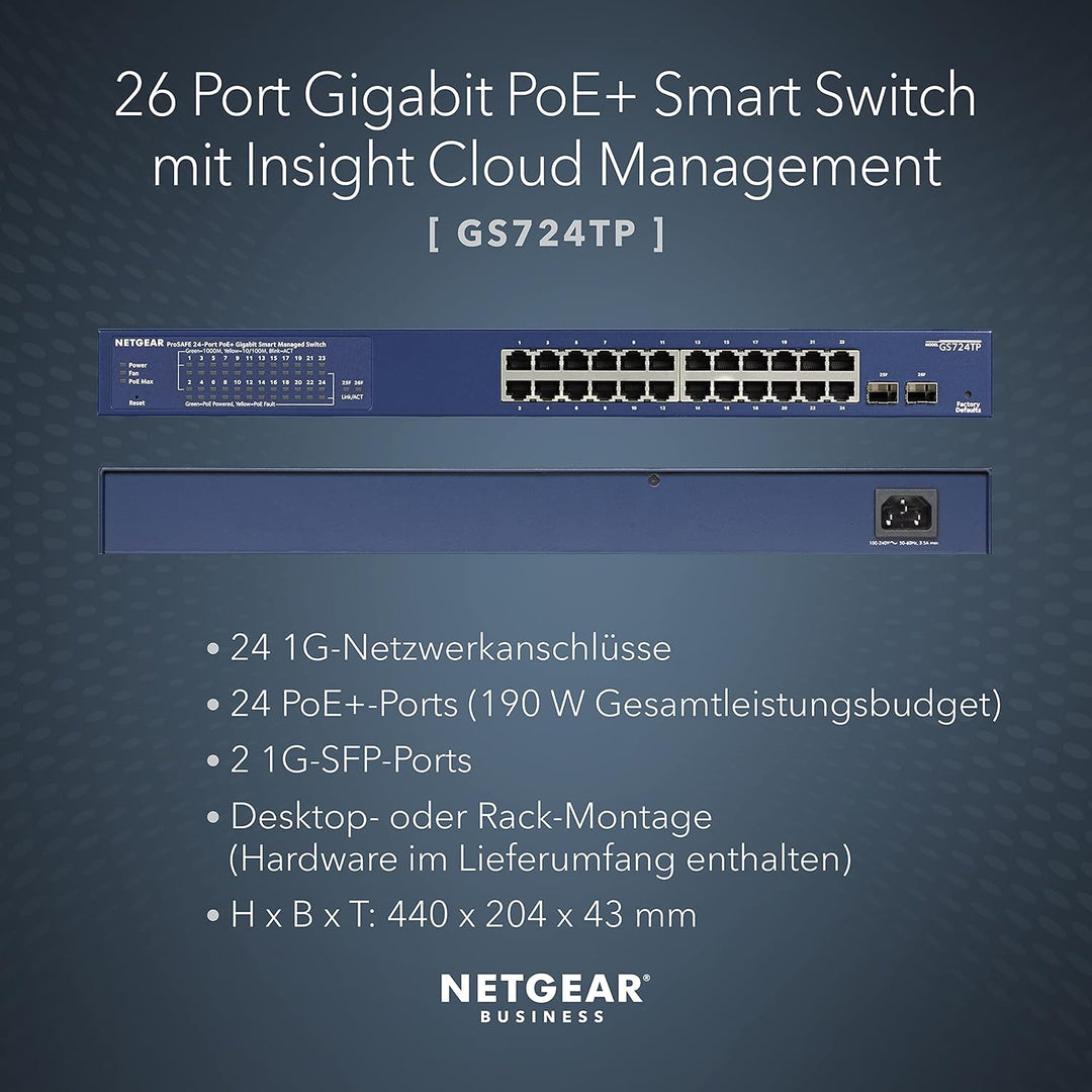 NETGEAR GS724TP 24 Port Gigabit Ethernet LAN PoE Switch Smart (Netzwerk Switch Managed mit 24x PoE+