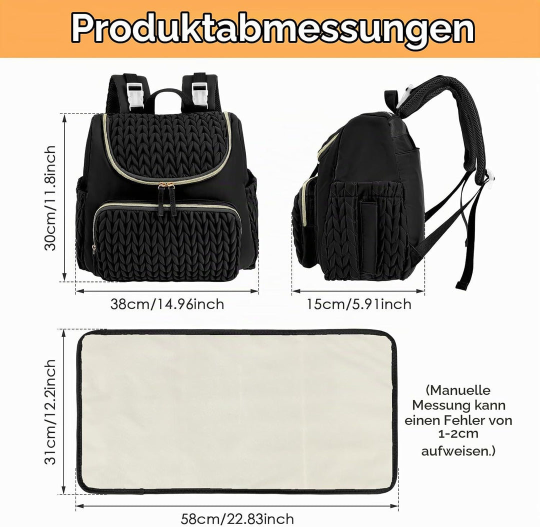 Wickelrucksack, Wickeltasche mit Wickelunterlage(schwarz), Schwarz