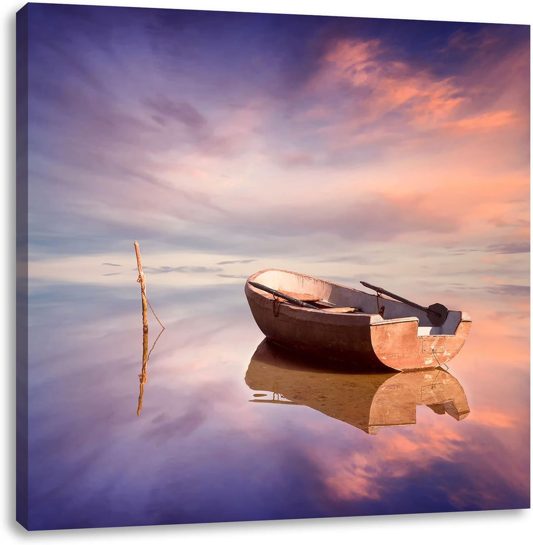 Einsames Boot auf See, Format: 70x70 auf Leinwand, XXL riesige Bilder fertig gerahmt mit Keilrahmen,