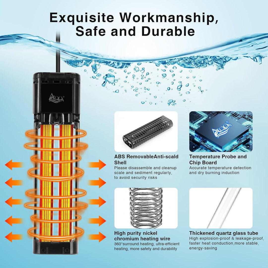 AQQA Aquarium Heizung, 300W/500W/800W/1000W/1200W Tauchheizung für Aquarien mit LED-Digitalanzeige &