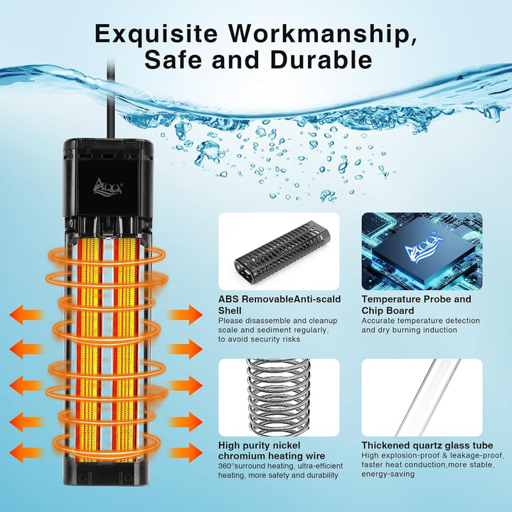 AQQA Aquarium Heizung, 300W/500W/800W/1000W/1200W Tauchheizung für Aquarien mit LED-Digitalanzeige &