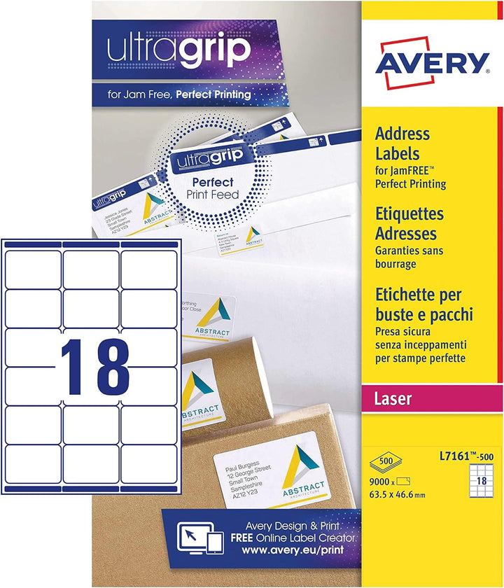 Avery Adressetiketten für Laserdrucker, ohne Papierstau, 18 pro Bogen 63,5x46,6mm weiss (9000 Etiket