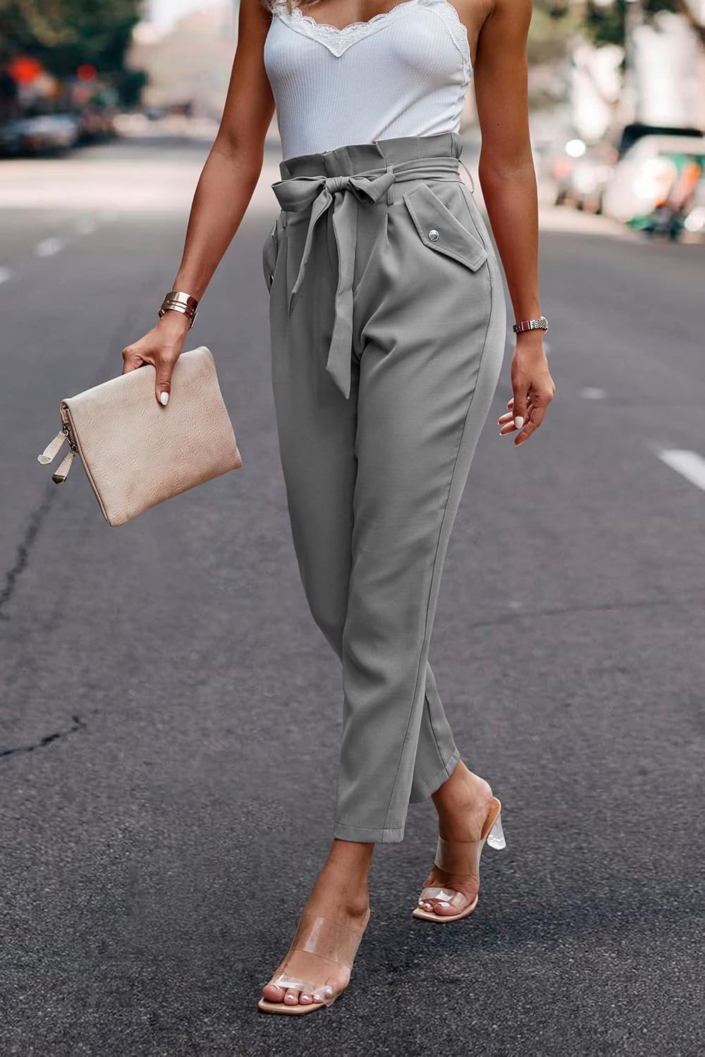 ONAYEYO Damen Casual High Waist Hose Einfarbig Elegant Lang Hosen Elastische Taille Carpi Hose mit B