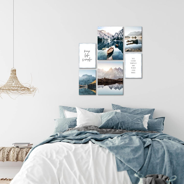 Novart Bilder Set - AUFHÄNGFERTIG - KEIN EXTRA RAHMEN BENÖTIGT - See Berge blau Modern Natur - Wohnz