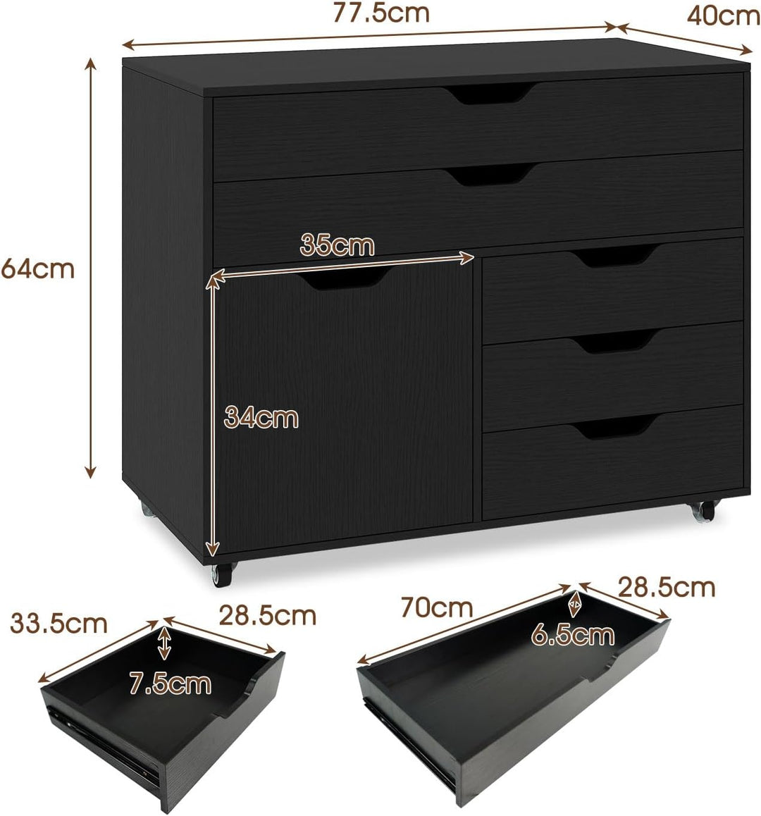 KOMFOTTEU Aktenschrank mit Rollen, Bürocontainer mit 5 Schubladen & 1 Schrank, Rollcontainer Schubla