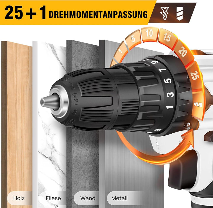 21V Akku Bohrschrauber Set,Weiss Akkuschrauber Set mit 2 * 1500mAh Akku,Akkubohrer 45Nm Drehmoment，2