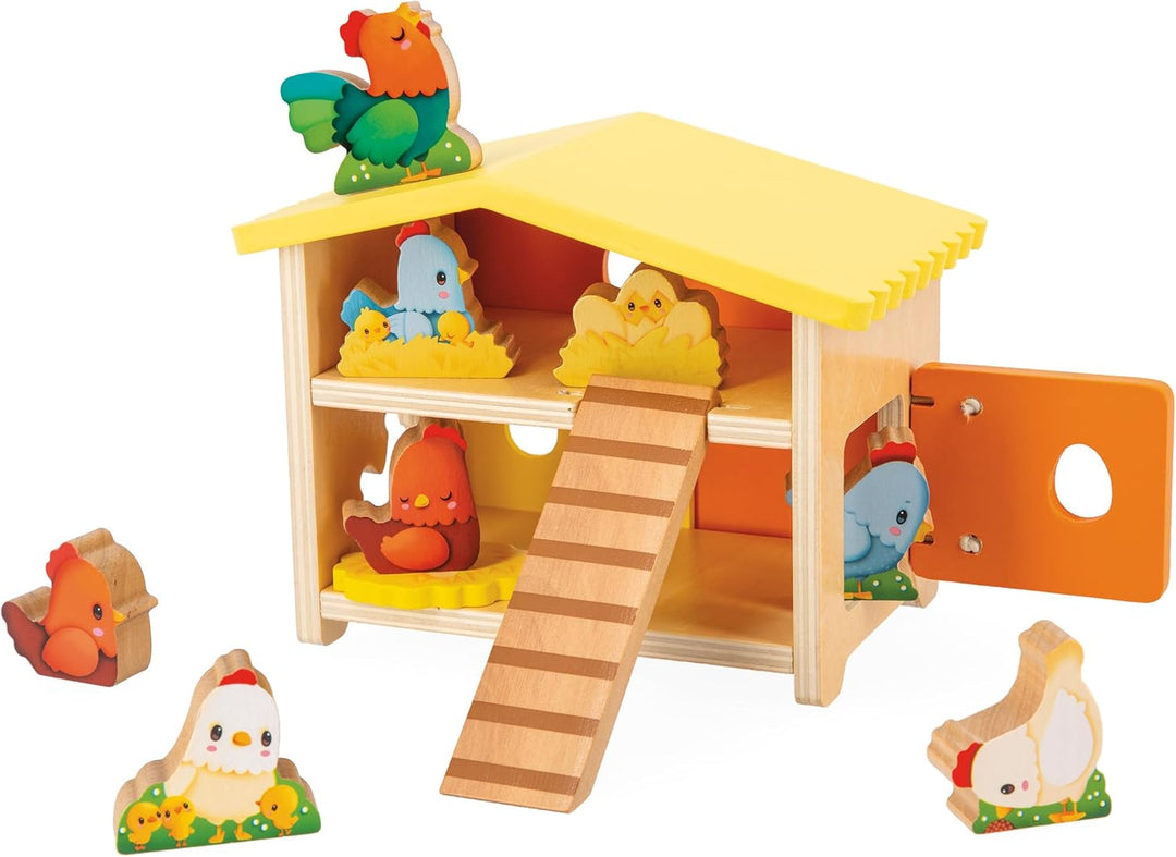 Janod First J03311 Kinderspielzeug, 1 Hühnerstall + 9 Hühner + 1 Leiter, FSC-Holzspiel, entwickelt G
