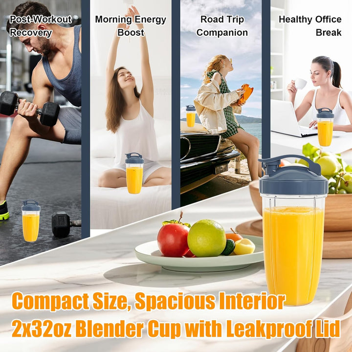 Poweka Ersatzteile Kompatibel mit Nutribullet 600 W/900 W Mixer, 2 Gläser à 32 oz mit Klappdeckel Ko
