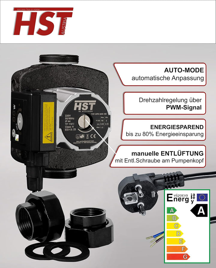 HST | Hocheffiziente Heizungspumpe | Umwälzpumpe | HST EPR 32-8/180 mm | Förderhöhe 8 Meter | Drehza