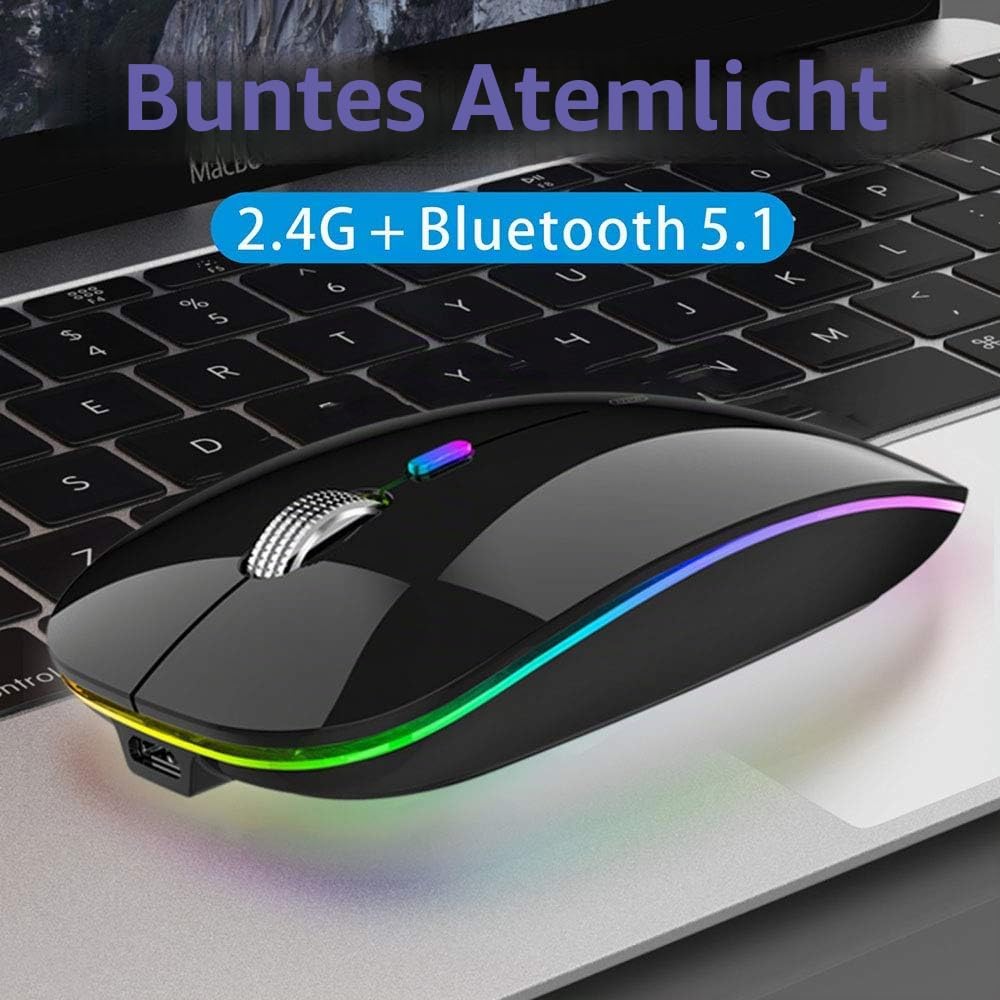 Uiosmuph Bluetooth Maus Kabellose, LED Funkmaus wiederaufladbar Leise Wireless Mouse 2.4GHz Kabellos
