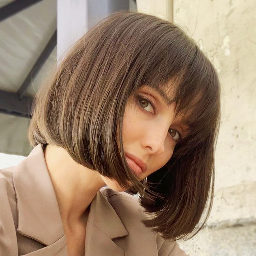 YEESHEDO Damen Braun Kurze Bob Gerade Haar Perücken mit Pony Hitzebeständige Synthetische Bunte Perü