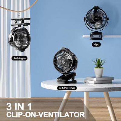 8000mAh Mini USB Clip Ventilator Akku, Klein Tischventilator leise mit Fernbedienung, LED-Anzeige, 5