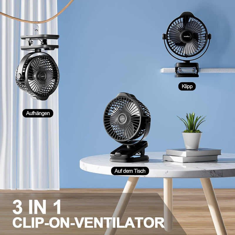 8000mAh Mini USB Clip Ventilator Akku, Klein Tischventilator leise mit Fernbedienung, LED-Anzeige, 5