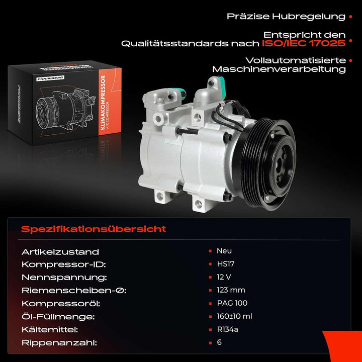 Frankberg Klimakompressor Klimaanlage Kompatibel mit Tucson JM 2.7L 2005-2010 Sportage JE KM 2.7L 20