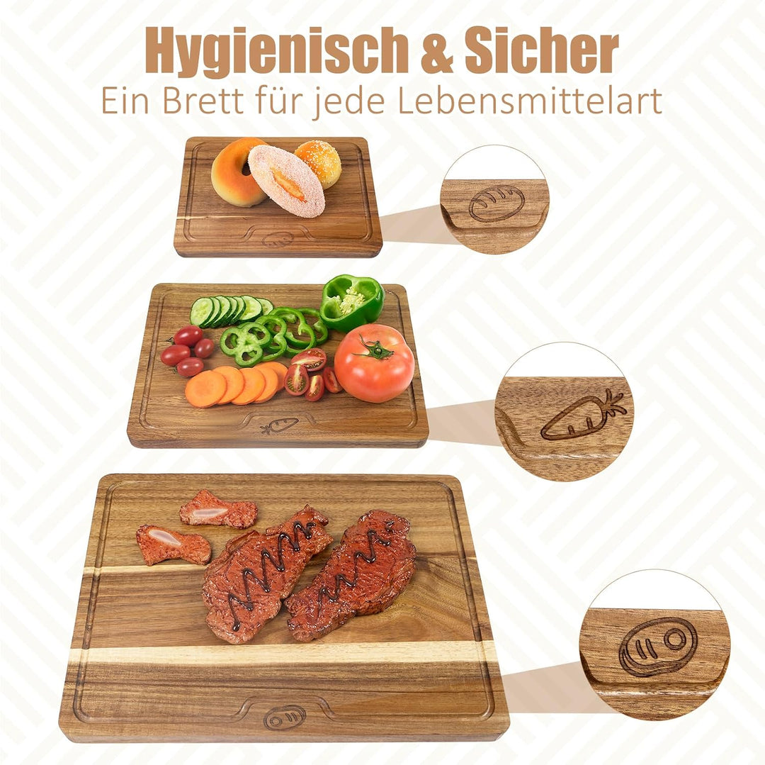 Akazienholz Schneidebrett Set 3-teilig mit Saftrille &amp; Griffmulde | Massives Holzbrett für Fleisch,