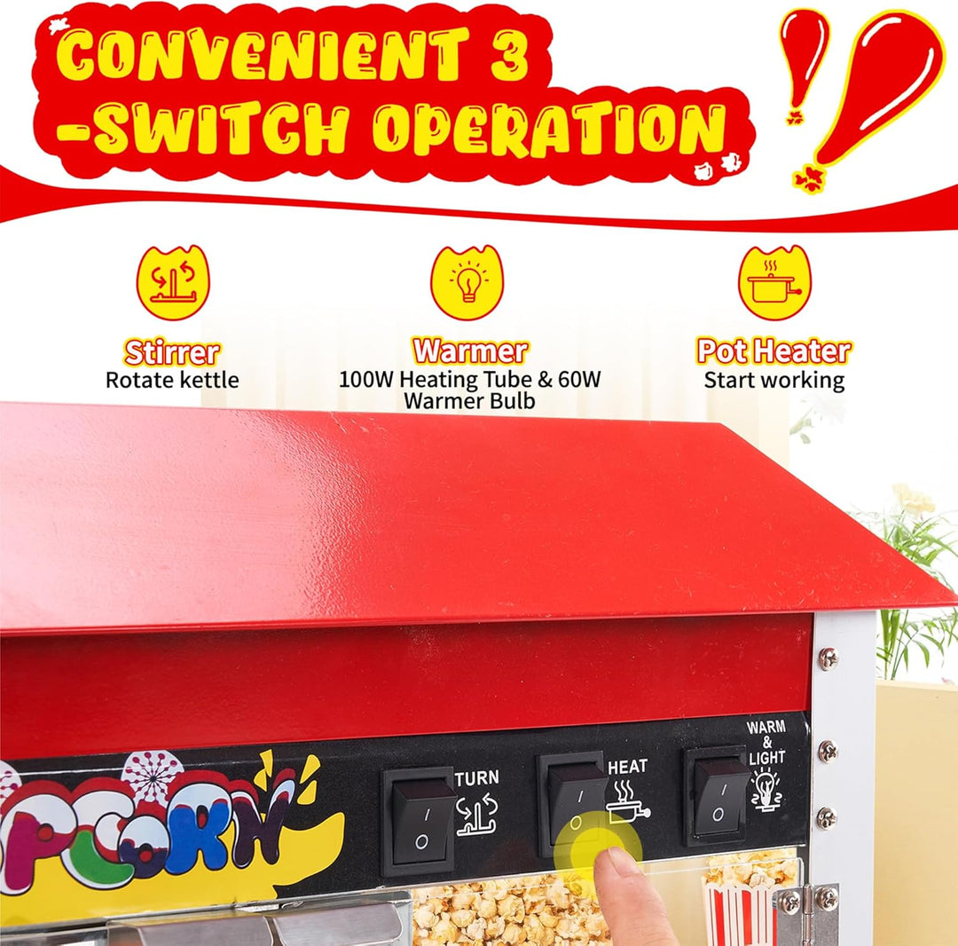 Popcornmaschine, 10 oz Kessel für 60 Tassen pro Ladung, 1300 W, Tisch-Popcornmaschine mit Popcornsch
