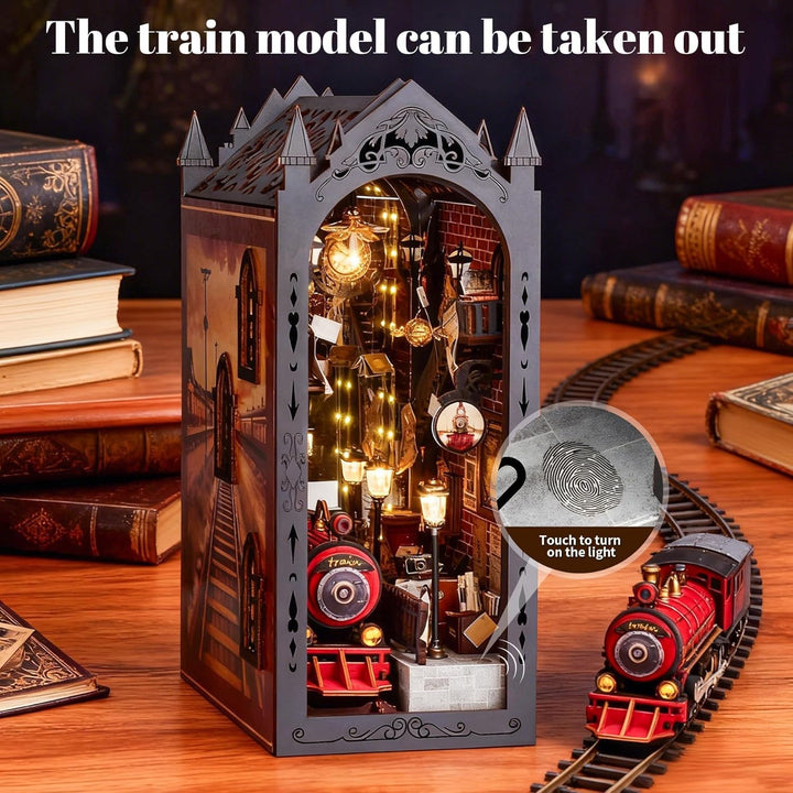 DIY Book Nook Kit, Magischer Bahnsteig Puppenhäuser Miniatur Haus Kit mit Staubschutzhülle LED-Licht