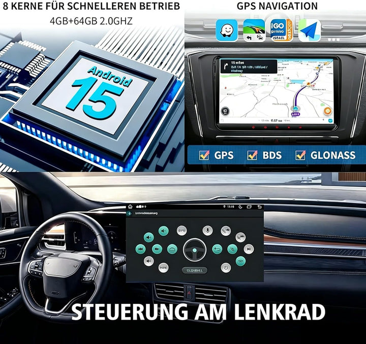 QIIKEN Autoradio mit Navi für VW T5 Golf 5 6 Polo Sharan Seat Passat Tiguän, Doppel din Radio 9" IPS