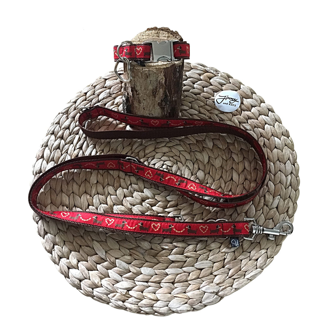 Jimmy und Katz Hundehalsband Set Dackel rot 26-40 cm mit Verstellbarer Leine 180cm