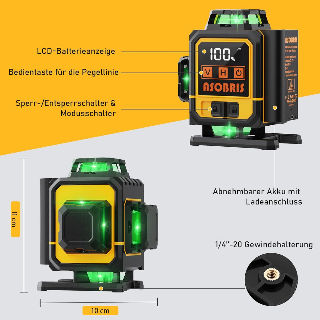 Kreuzlinienlaser mit Stativ,ASOBRIS 16 Linienlaser Selbstnivellierend Laser Wasserwaage mit 2x2400mA
