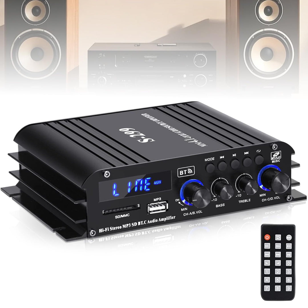4-Kanal Verstärker, 1600W Audio Leistungsverstärker Bluetooth 5.0, 40Wx4 mit USB/Mikrofon/FM mit Fer