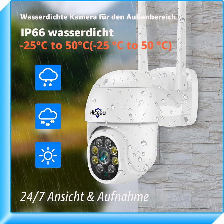 Hiseeu 5 MP Überwachungskamera Aussen-WLAN mit automatischer Verfolgung, 350°/90° schwenkbar, Farbna