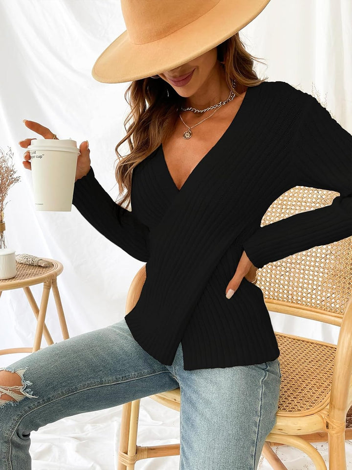 CUPSHE Damen Strickpullover V Ausschnitt Wickeloptik Langarm Crossover Feinstrick Pulli Wickeloberte