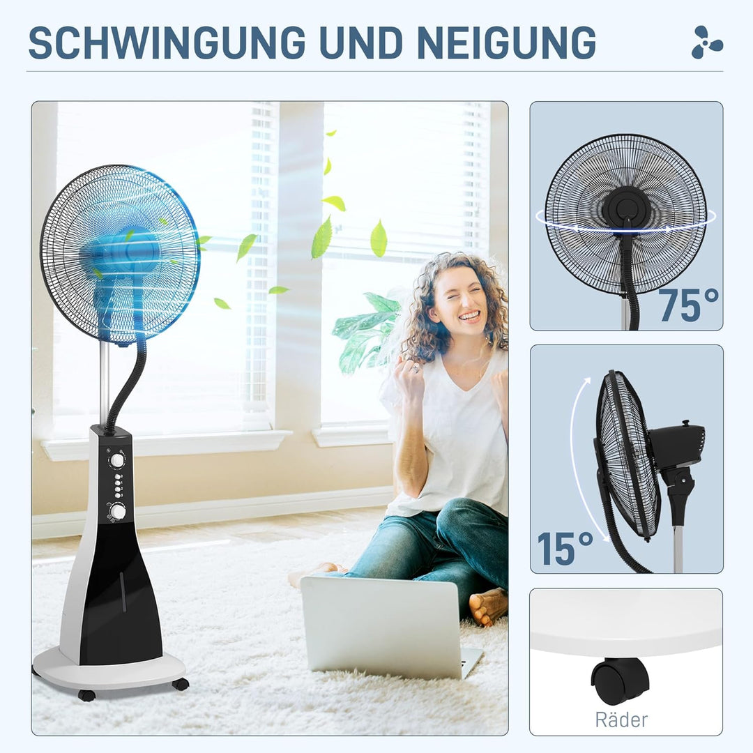 HOMCOM Standventilator mit Wasser, Ventilator mit Nebelfunktion, 3 Modi, Oszillierend 90W Standventi