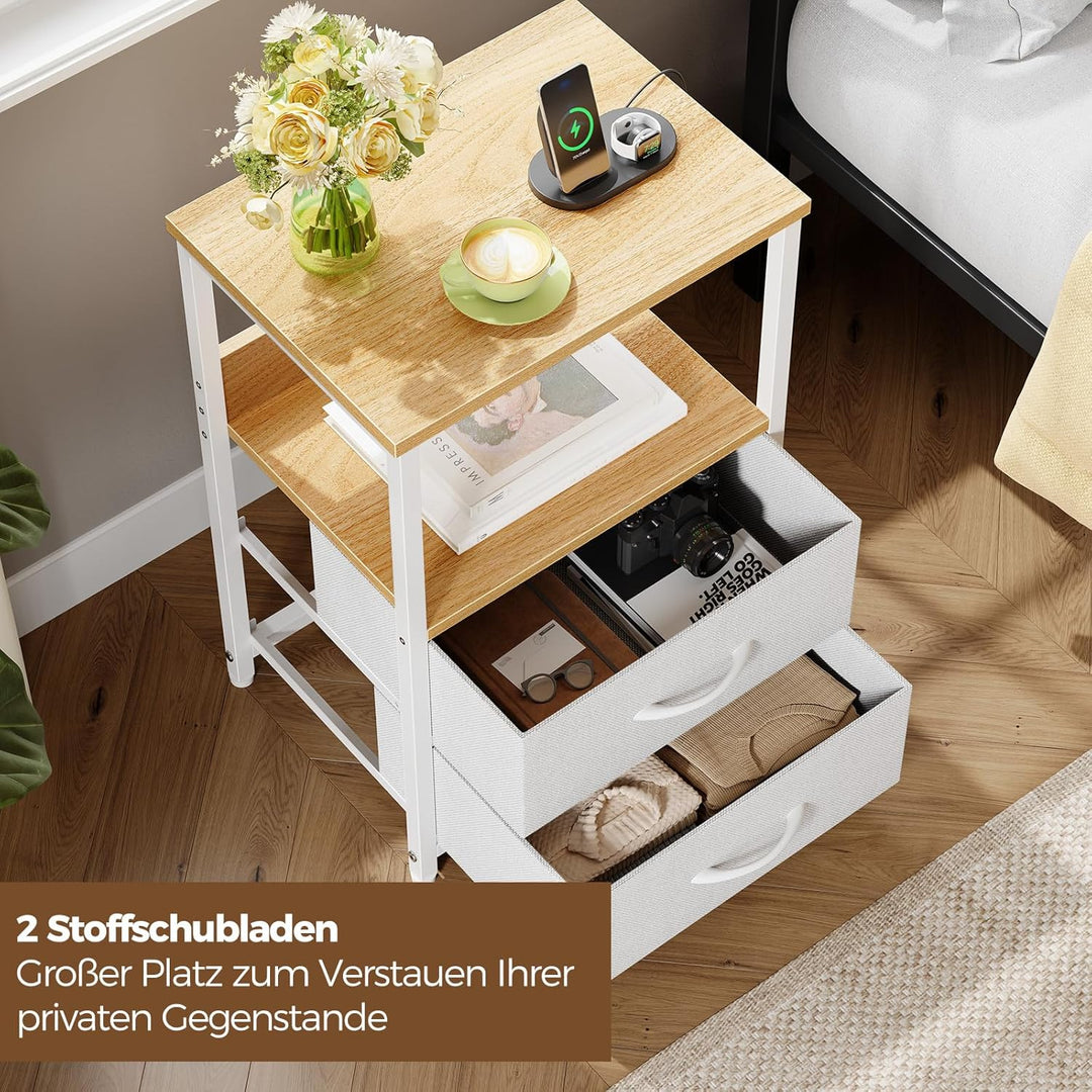 Rolanstar Nachttisch mit Ladefunktion, Beistelltisch mit LED-Leuchten, 2 Stoffschubladen & 3-stufige