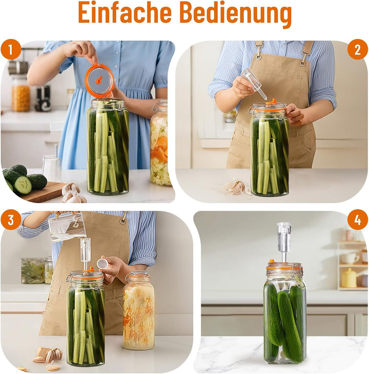 Fermentierglas 2 Stück 2L, Fermentationsglas mit Gärventi & Gewicht, Kimchi Behälter, Gärglas für Sa