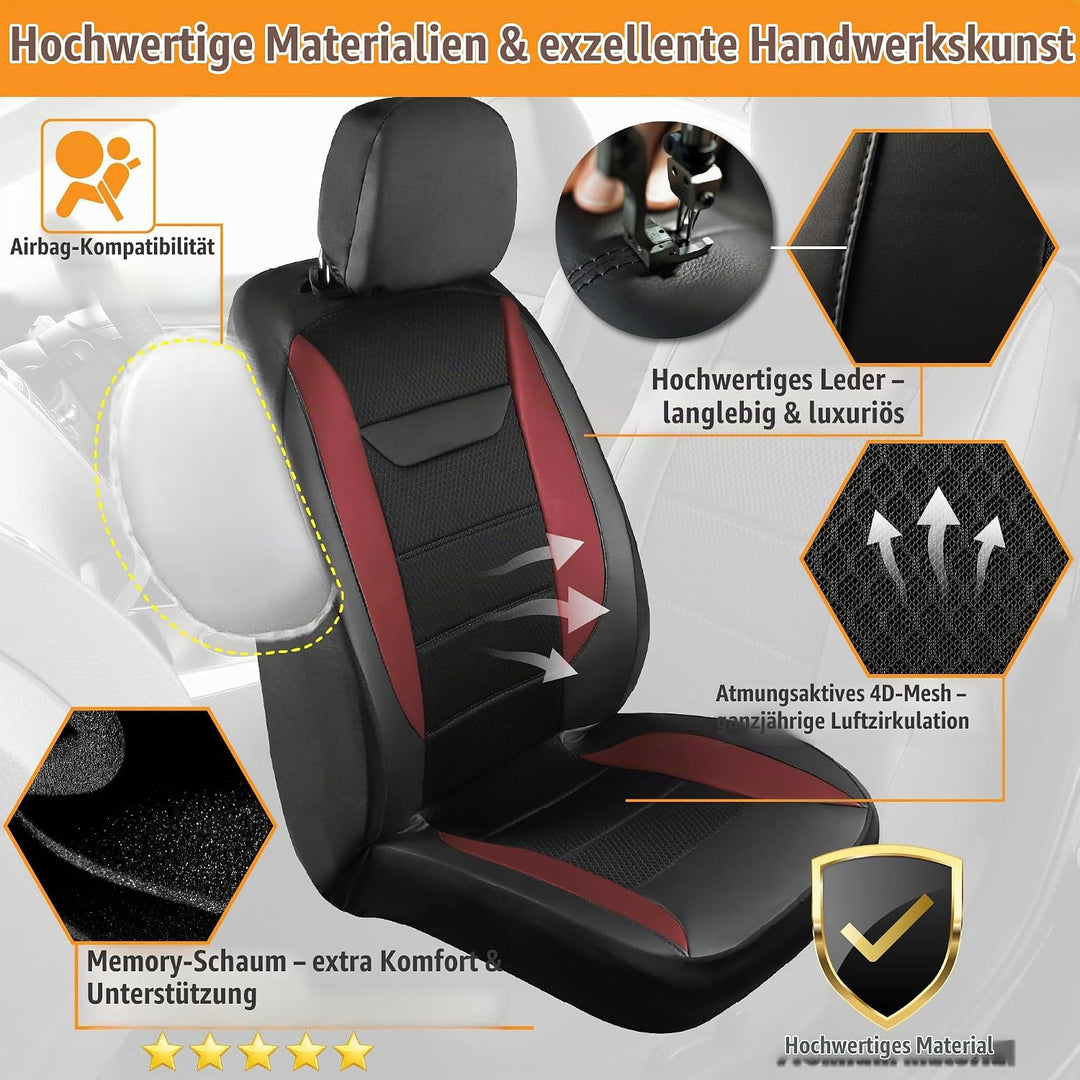 kingphenix 2er-Pack Vordersitzbezüge aus Memory-Schaumleder, Atmungsaktives 4D-Mesh, Airbag- kompati