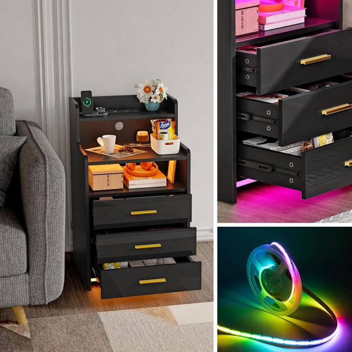 PIPIPOXER Nachttisch mit Steckdose und Ladefunktion,Nachtschrank mit 3 Schubladen und 16 Farben Bele