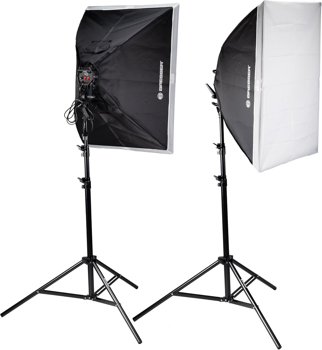 Bresser LED-Tageslichtset für Fotostudio mit 3 Softboxen 60x80 cm, 15 LED-Lampen, Stative, Boomarm,
