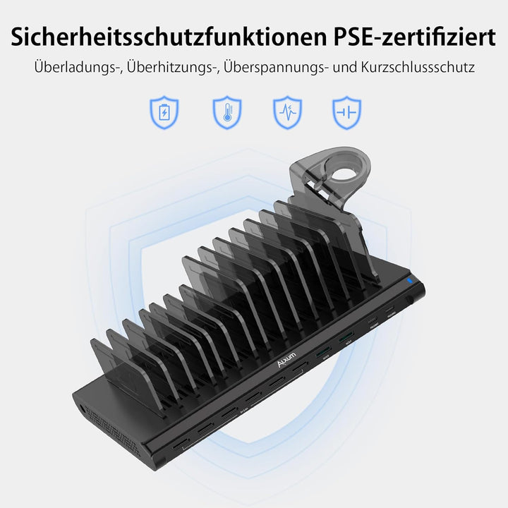 Alxum 96W 10 Port USB C Ladestation für Multi-Geräte, Schnellladestation Organizer mit 2 * 18W PD &