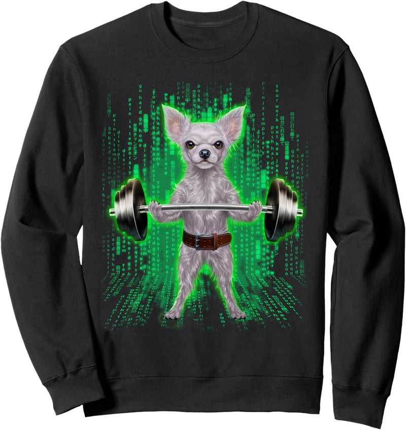 Chihuahua-Hund, der Gewichte im Cyber-Fitnessstudio hebt Sweatshirt