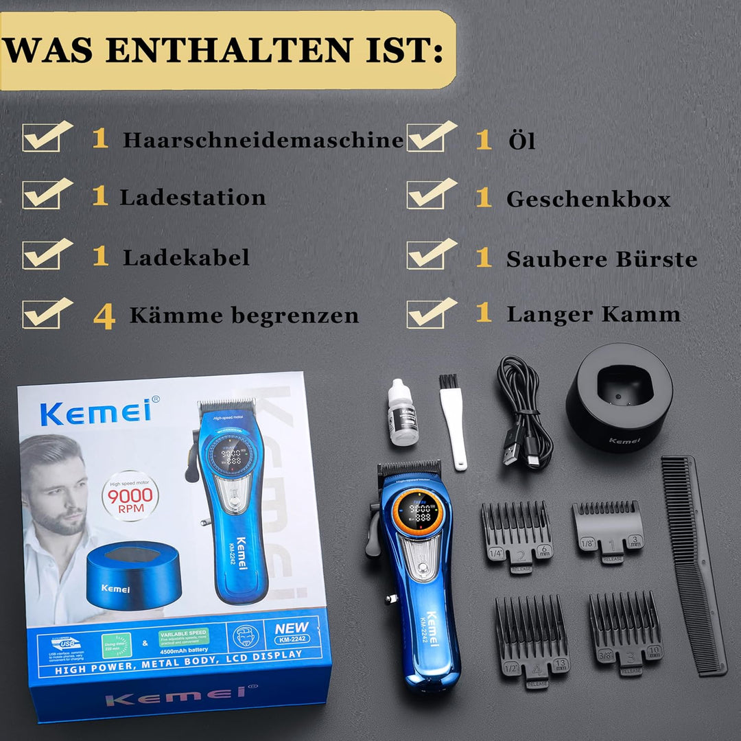 KEMEI 2242 Professionelle Haarschneidemaschine für Männer, Kabellose Friseurschermaschine mit LED-An